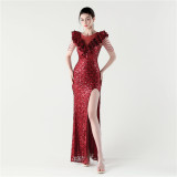 Women Floral Mesh See-Through Slit Mermaid Evening Dress