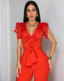 Women Elegant Lace Short Sleeve Jumpsuit
