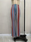Women Pu-Leather striped print Bell Bottom Pants