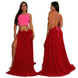 Women's Solid Color Sexy Low-Back High-Slit Contrast Dress