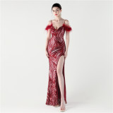 Women Stitched Cross Lace-Up Shiny Slit Evening Dress
