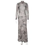 Women's Autumn Fashion Mesh Print See-Through High Neck Slim Fit Dress