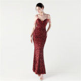Women Sequined Beaded Party Wedding Dinner Suspender Evening Dress