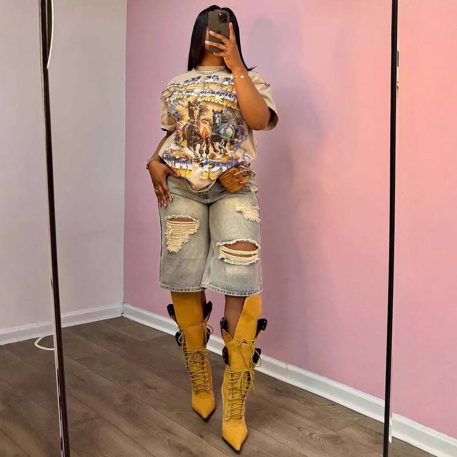 Summer High-Waist Loose Distressed Ripped Denim Straight/Wide-Leg Pants