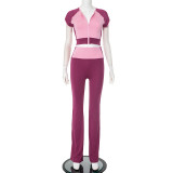 Women Spring/Summer Contrast Drop Shoulder Round Neck Zipper Top and Bell Bottom Pants Two Piece Set