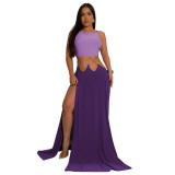 Women's Solid Color Sexy Low-Back High-Slit Contrast Dress