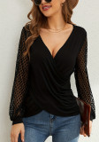 Spring Solid Color Patchwork Lace Lantern Sleeve Loose V-neck Women's Top