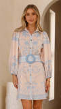 Linen Chic Casual Printed Belt Slim-Waist Shirt Dress