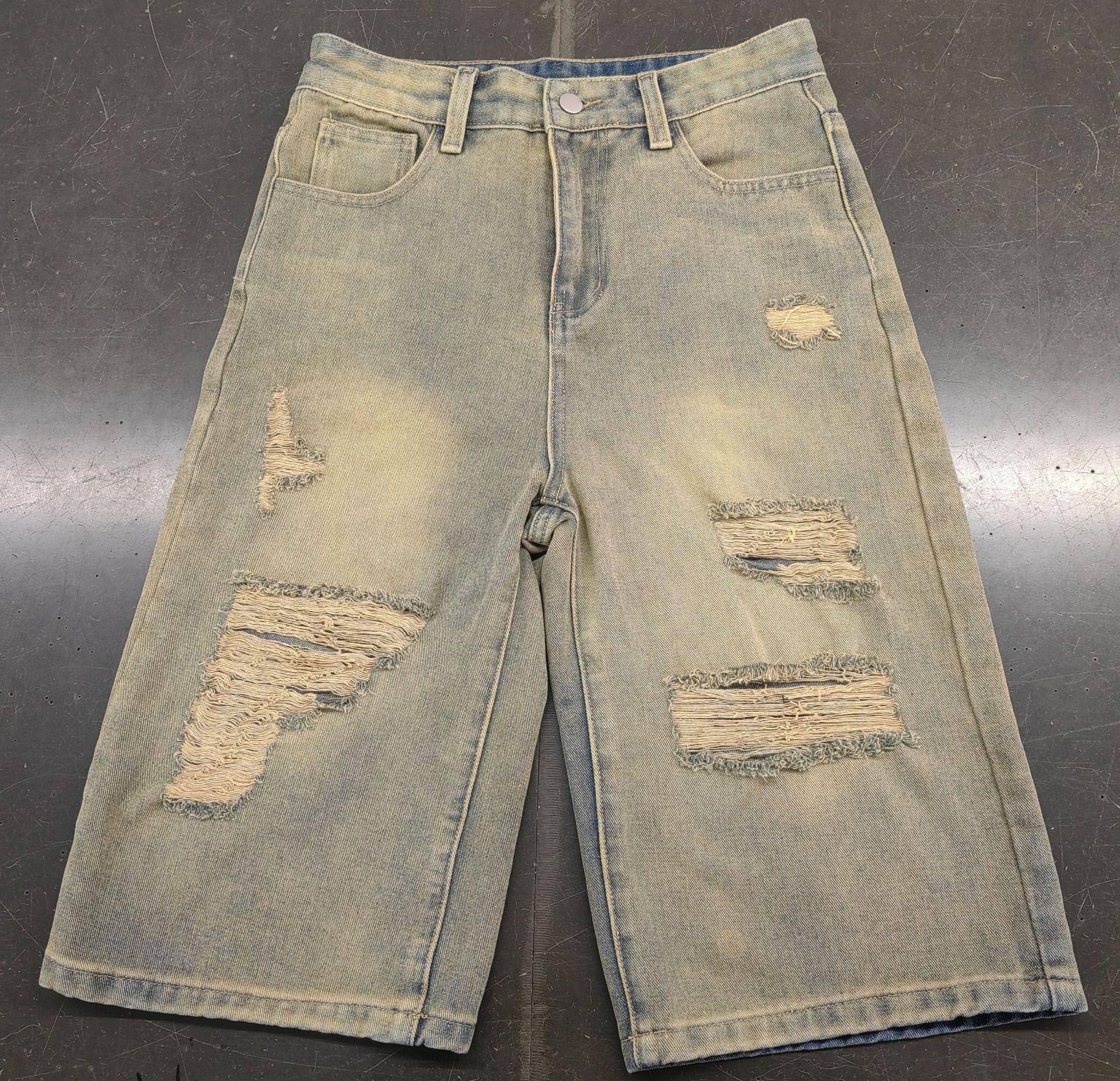 Summer High-Waist Loose Distressed Ripped Denim Straight/Wide-Leg Pants