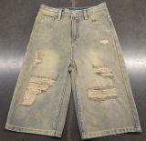 Summer High-Waist Loose Distressed Ripped Denim Straight/Wide-Leg Pants