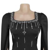 Women Back Slit Cape Sleeve Beaded Elegant Dress