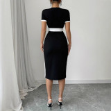 Women's Sexy Square Neck Contrasting Mid-Length Bodycon Dress