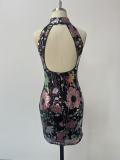 Women Spring Summer Sexy Backless Party Shiny Embroidered Flower Mini Dress