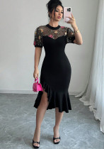 Women's Mesh Jacquard Asymmetrical Slim-Waist Party Dress