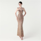 Women Sequined Beaded Party Wedding Dinner Suspender Evening Dress