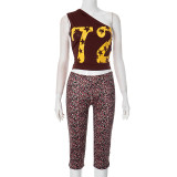 Women Spring Summer Sexy Slash Shoulder Print Top and Cropped Pants Two Piece Set