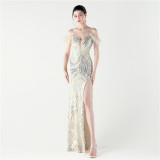 Women Stitched Cross Lace-Up Shiny Slit Evening Dress