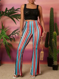Women Pu-Leather striped print Bell Bottom Pants