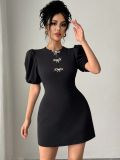 Women's Round-Neck Hollow Crystal Bowknot Puff-Sleeve Slim-Waist Dress