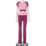Women Spring/Summer Contrast Drop Shoulder Round Neck Zipper Top and Bell Bottom Pants Two Piece Set