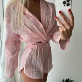 Autumn Women's Fashion Solid Color Shorts & Shirt Casual Home/Outdoor Wear Set