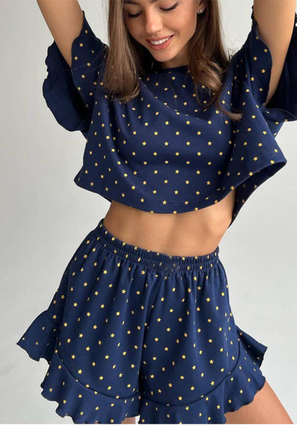 Spring/Summer Fashion Loose and Comfortable Ruffled Star-Print Short Sleeve Shorts Pajamas Women's Home Clothes Set
