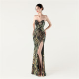 Women Beaded Sequined Wrap Dinner Party Evening Dress