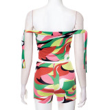 Women Spring and Summer Multi-Color Printed Off Shoulder Lace-Up Crop Top and ShortsTwo Piece Set