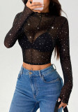 Spring/Summer Women's Long-Sleeve Mesh Transparent Sequined T-Shirt Top