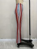Women Pu-Leather striped print Bell Bottom Pants
