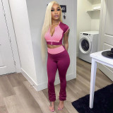 Women Spring/Summer Contrast Drop Shoulder Round Neck Zipper Top and Bell Bottom Pants Two Piece Set