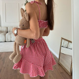Pink Plaid Strap Two Piece Shorts Set