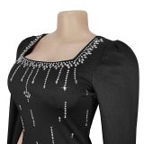 Women Back Slit Cape Sleeve Beaded Elegant Dress