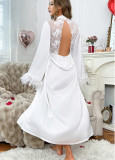 Women lace satin patchwork fur cuffs sexy backless dress Sexy Lingerie