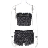 Women Summer Mesh Pleated Patchwork Leopard Printed Wrap Top and Shorts Two Piece Set