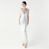Women Formal Party Sequined Beaded Fishtail Evening Dress