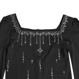 Women Back Slit Cape Sleeve Beaded Elegant Dress