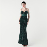 Women Fishbone Beaded Beaded Applique Dinner Evening Dress