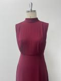 Women spring Summer Stand Collar Sleeveless elegant chiffon zipper slit evening dress