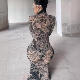 Women's Autumn Fashion Mesh Print See-Through High Neck Slim Fit Dress