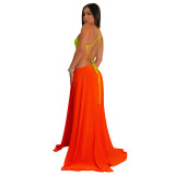 Women's Solid Color Sexy Low-Back High-Slit Contrast Dress