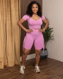 Fashionable Women's Solid Color Short Sleeve Tassel Elastic Shorts Set