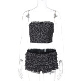 Women Summer Mesh Pleated Patchwork Leopard Printed Wrap Top and Shorts Two Piece Set