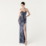 Women Beaded Sequined Wrap Dinner Party Evening Dress