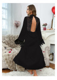 Women lace satin patchwork fur cuffs sexy backless dress Sexy Lingerie