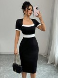 Women's Sexy Square Neck Contrasting Mid-Length Bodycon Dress