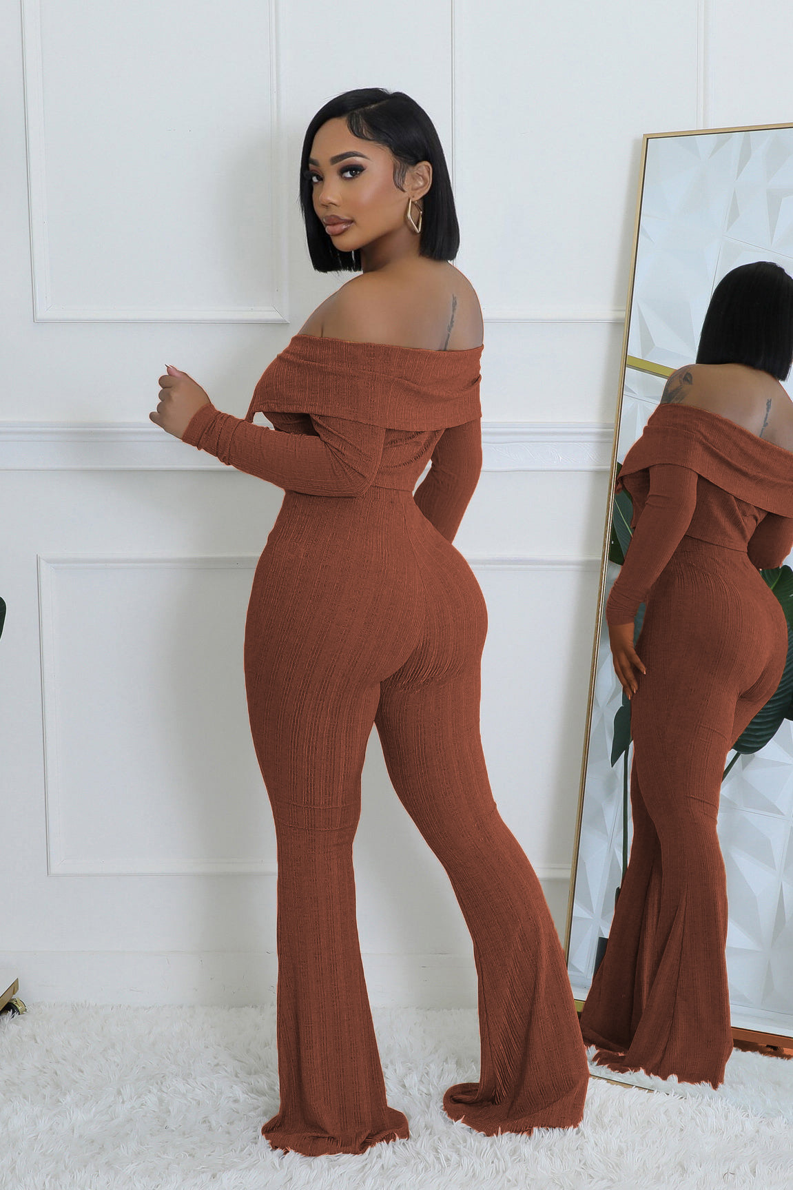 Solid Off-Shoulder Top & Wide Leg Pants Two-Piece Set