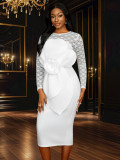 Long-Sleeved Lace Wedding Bow Party Dress