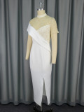Round-Neck See-Through Lace Short-Sleeve formal Party Wedding & Bridesmaid Slit Dress