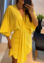 Women's solid color Bat Sleeves V-neck Slim Waist irregular dress Women's solid color Bat Sleeves V-neck Slim Waist irregular dress